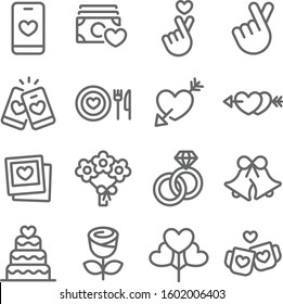 Love icons set vector illustration. Contains such icons as Rose, Couple Ring, Flower, and more. Expanded Stroke