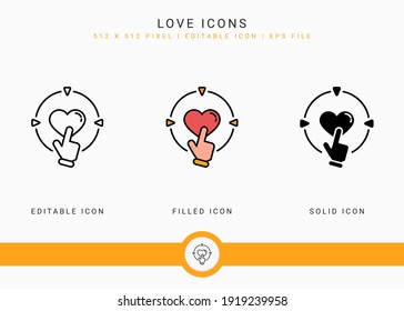 Liebessymbole setzen Vektorgrafik mit fester Symbollinie Stil. Hochzeitsromane Bearbeitbares Strichsymbol auf isoliertem Hintergrund für Webdesign, Benutzeroberfläche und mobile Anwendungen