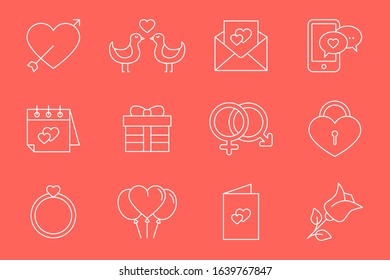 Love Icons set - Vector outline symbols of heart, gifts, and valentines for the site or interface