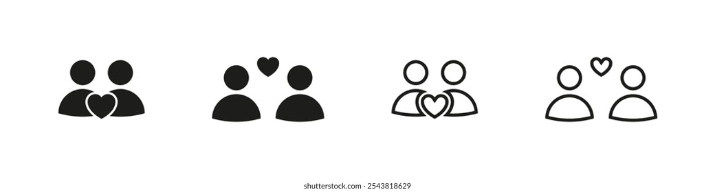 Iconos del amor con dos personas y corazón. Símbolos simples de conexión y afecto.