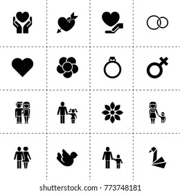 Love icons. vector collection filled love icons. includes symbols such as flower, heart, origami, health insurance, dove, husband and wife. use for web, mobile and ui design.