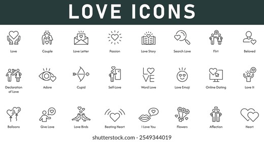 Love Icons Ilustración vectorial con línea delgada editable stroke contiene pareja carta pasión flirt amado adore afecto flor Te amo lovebirds dar citas en línea amor propio