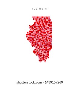 I Love Illinois. Red and Pink Hearts Pattern Vector Map of Illinois Isolated on White Background.