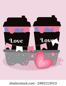  Love Illustration with Cardboard Cup Holder Tray Hot Two Coffee