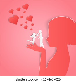 love illustration, couple on female's hand, paper art,digital craft style, valentine day