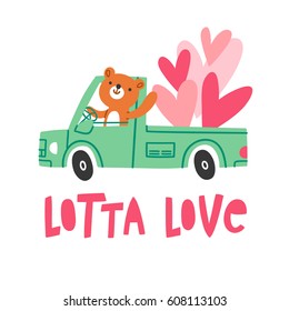 A lot of love illustration with cute bear driving a love truck