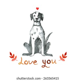 love illustration with dog. English Pointer. Pointer. Gun dog. Watercolor illustration. Love you. Lovely Postcard or invitation. Vector set