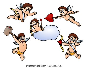 love illustration of five variety of cupid on isolated white background