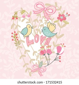 Love illustration with floral heart, flowers and birds. Cartoon romantic background. Wallpaper made of flowers about love in vector.