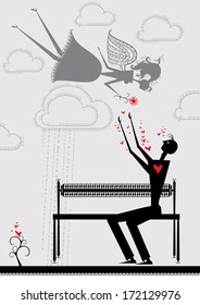 Love illustration. Man in love and angel girl.