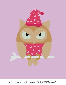  Love Illustration with Owl and Hat,Sweater with Pattern Heart