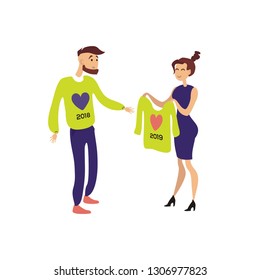 Love illustration. Real love. A girl gives a gift to the boyfriend. Cartoon people. St Valentine's day card. Sweater with heart. The best gift. Bad or worst gift. Flat design. Vector illustration.