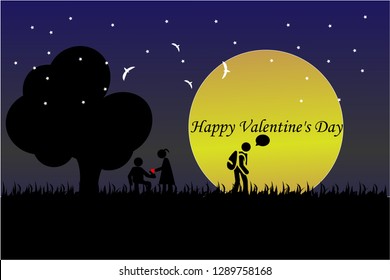 love. illustration. Romantic silhouette of loving couple sit on a bench near a tree. Vector illustration