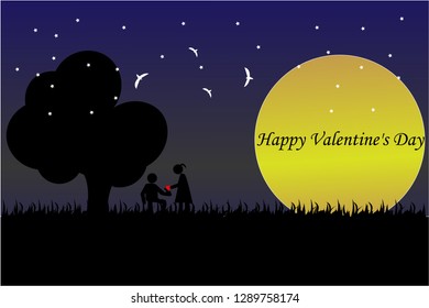 love. illustration. Romantic silhouette of loving couple sit on a bench near a tree. Vector illustration