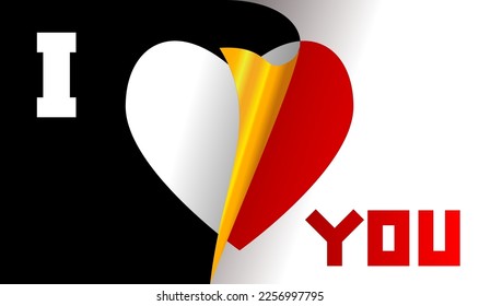 Ilustración de amor con el texto Te amo y a la mitad le encanta el color rojo y blanco en papel ondulado negro, blanco y dorado