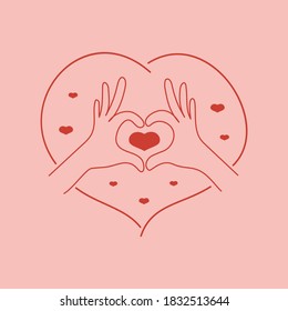 Love illustration in trendy line style. Heart made with fingers. Self care concept.