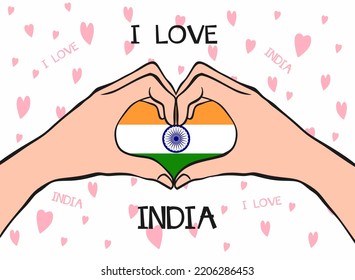 Amo la India. Gesto de corazón con la bandera de la India. Diseño moderno con texto me encanta la India con un estilo plano. Hermoso diseño de fondo con corazones. Ilustración vectorial eps 10