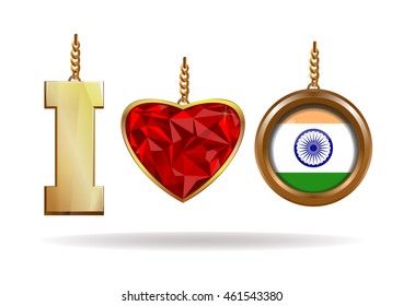 I love India. Patriotic jewelry. Red Diamond heart in a gold frame. Gold medallion with the Indian flag inside. Vector illustration