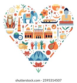 I love India travel card with famous cultural symbols and architecture. Heart shape poster for print with tourist landmarks, popular souvenirs, animals, indian food and architectural monuments.