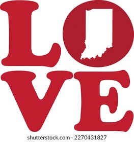 LOVE Indiana State Red Outline Vector Graphic Illustration Isolated