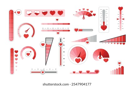 Love indicator Saint Valentine's Day meter with red heart set vector flat illustration. Attraction and passion scale gauge for romance measurement thermometer speedometer satisfaction progress check