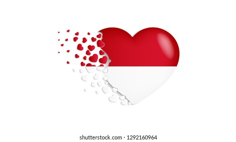 With love to Indonesia country. The national flag of Indonesia fly out small hearts