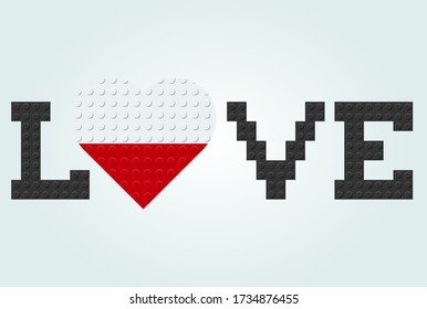 Love Indonesia Text. Flag in heart. From plastic building toy bricks or blocks. Vector illustration.