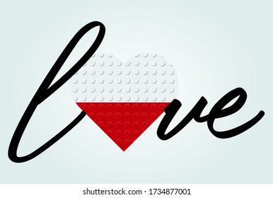 Love Indonesia Text. Flag in heart. Calligraphy text. From plastic building toy bricks or blocks. Vector illustration.