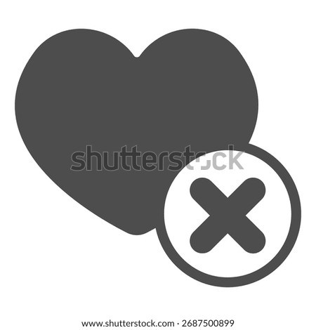 Love and infatuation ban solid icon, likeness concept. Vector graphics. Heart with close button, forbidden item sign on white background, glyph style icon for mobile or web design