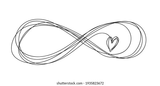 Love and Infinity. Hand-drawn vector illustrations, vector black and white sign. Continuous line. Sketch, abstract, minimal. Heart