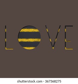 'Love' inscription cut out from paper, golden glitter stripes behind the letters. Vector Valentine's Day illustration.