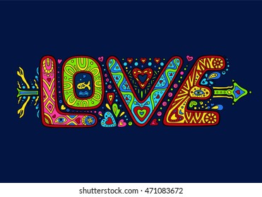 "Love" - an inscription with the elements doodles. Vector color graphics.