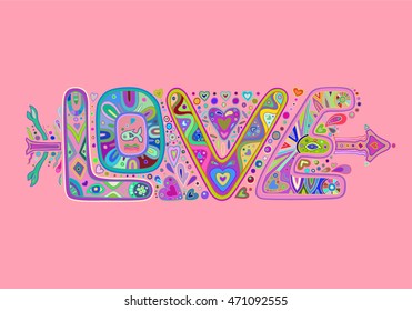 "Love" - an inscription with the elements doodles. Vector color graphics.