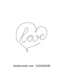 Love inscription in heart continuous line drawing, tattoo, print for clothes and logo design, one single line on a white background, isolated vector illustration. Hand lettering on Valentine's Day.