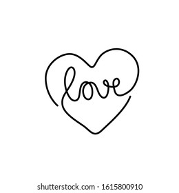 Love inscription in heart continuous line drawing, tattoo, print for clothes and logo design, one single line on a white background, isolated vector illustration. Hand lettering on Valentine's Day.