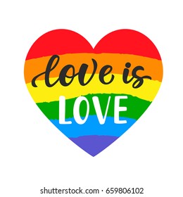 Love is love. Inspirational Gay Pride poster with rainbow spectrum heart shape, brush lettering. Homosexuality emblem. LGBT rights concept.