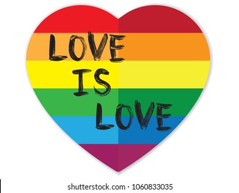 Love is love. Inspirational quote on rainbow heart.Vector