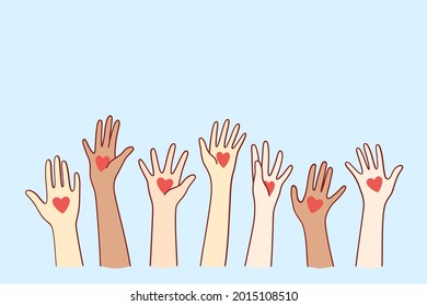 Love and international support concept. Human hands with red heart shape on palms raising up celebrating event mixed race group vector illustration