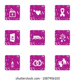 Love interpretation icons set. Grunge set of 9 love interpretation vector icons for web isolated on white background