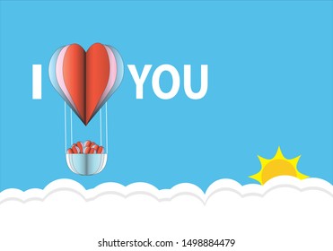 Love invitation card abstract background with text love, clouds, balloon in a heart shape. Vector illustration.