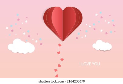 Love invitation card abstract love background with fun hearts, clouds, pink heart paper cut. Vector paper cut illustration.