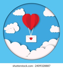 Love invitation card, abstract valentine's day background with love text and joyful young people, clouds, paper cut pink hearts. Vector illustration.
