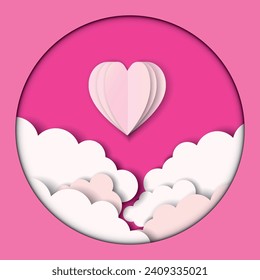 Love invitation card, abstract valentine's day background with love text and joyful young people, clouds, paper cut pink hearts. Vector illustration.