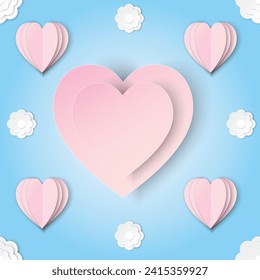 Love invitation card, abstract valentine's day background with heart and clouds, paper cut pink and red hearts.Heart shape paper cut and cloud background for poster, sale offer,web banner,poster.