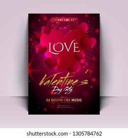 Love invitation card or template design with paper cut heart shapes on red bokeh background with stylish lettering of Valentine's Day.