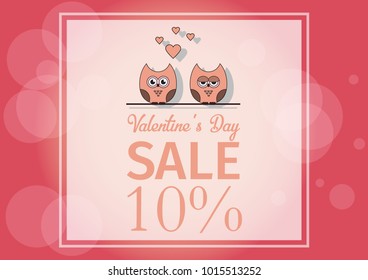 love Invitation card Valentine's day , paper cut mini heart, cut owls, loving owls, glare.Frame Sale day. Vector illustration.