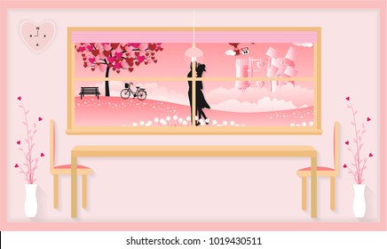 Love Invitation card Valentine's day background with Boy Girl Balloon Bicycle Flower Table Chair Window and Heart tree. Vector illustration.Paper art concept.