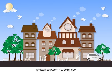 Love Invitation card Valentine's day background with Boy Girl Son Mother Father Birds Bicycle Car Dog and tree. Vector illustration.Paper art concept.
