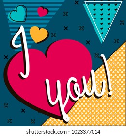 love Invitation card Valentine's day abstract background with text.Memphis style. Colorful vector illustration.