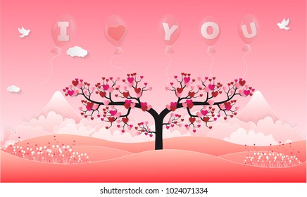 Love Invitation card Valentine's day background with Text i love you Birds Flower and Heart tree. Vector illustration.Paper art concept.